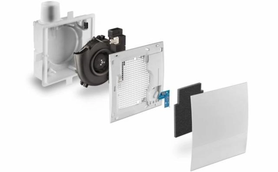 Darstellung des Silvento ec Abluftventilators mit Gehäuse, Ventilator, Filter und Frontabdeckung